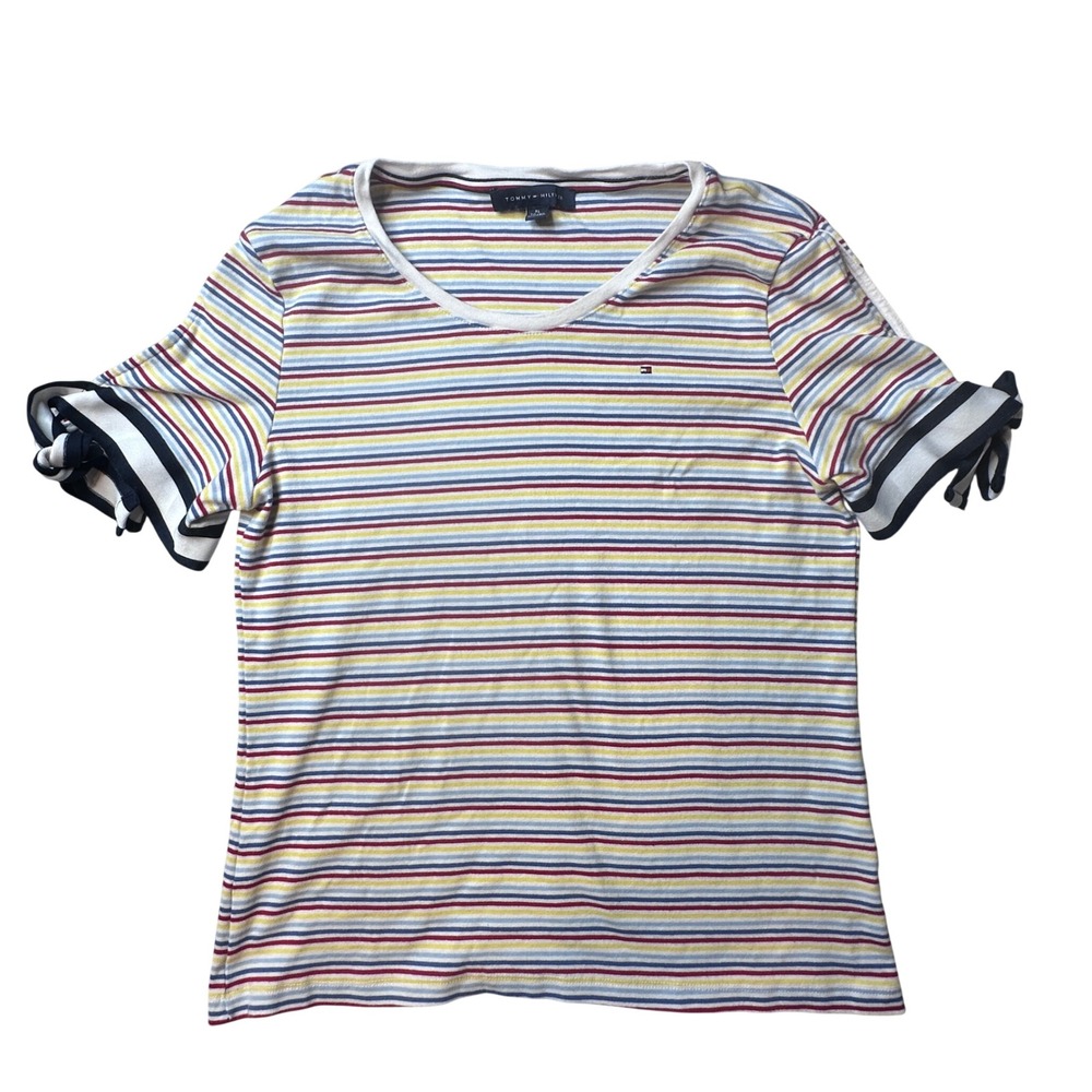 Tommy Hilfiger T-Shirt Womens XL Multi-Color Striped Tie-Sleeve Cotton Top J2DHN